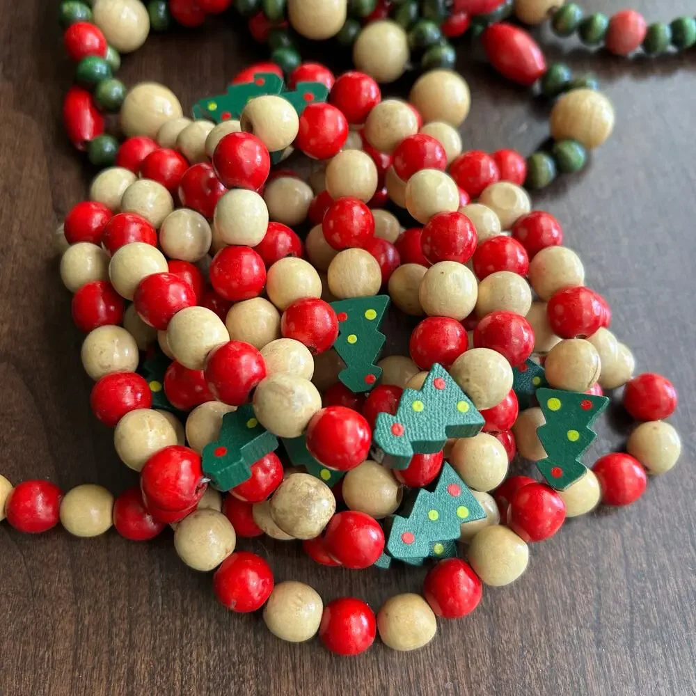 Vintage Wood Wooden Bead Garland Red Green 8 ft+ long 2 Strands